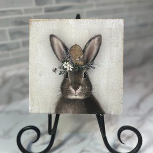 Bunny Rabbit Beehive Lavender Easter Wooden Picture Cottagecore Farm